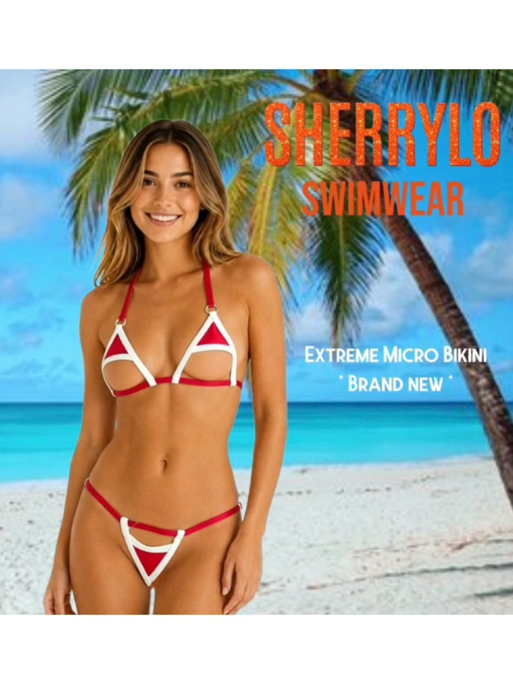 SHERRYLO Swimwear Red & White Extreme Micro Bikini | G String | One Size | NWT